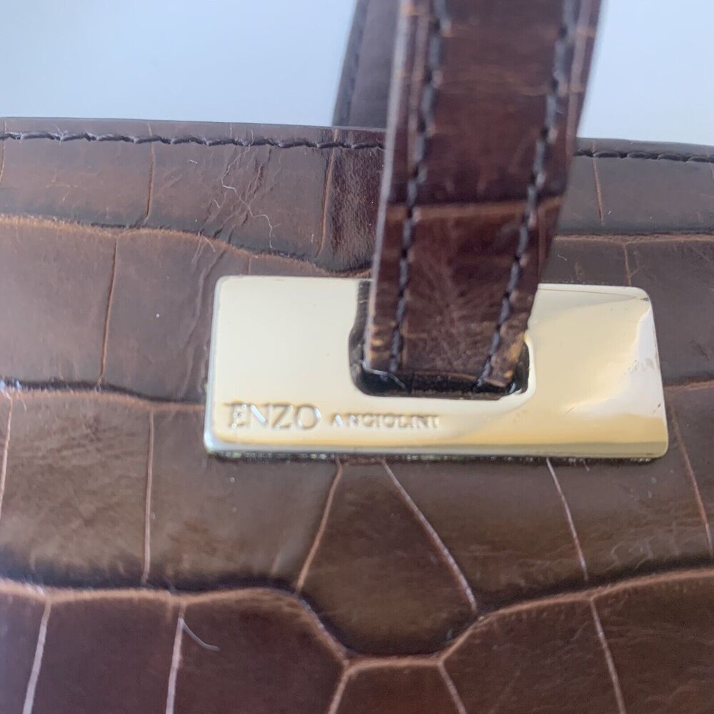 ENZO ANGIOLINI Croc Leather Shoulder Bag Purse Dark Brown Tote Business Work - Picture 4 of 11